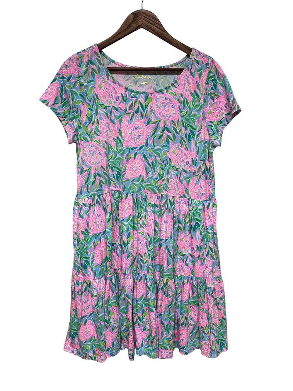 Lily Pulitzer Geanna Swing Mini Dress Size Large Turtle Print Pink Green - Picture 4 of 8